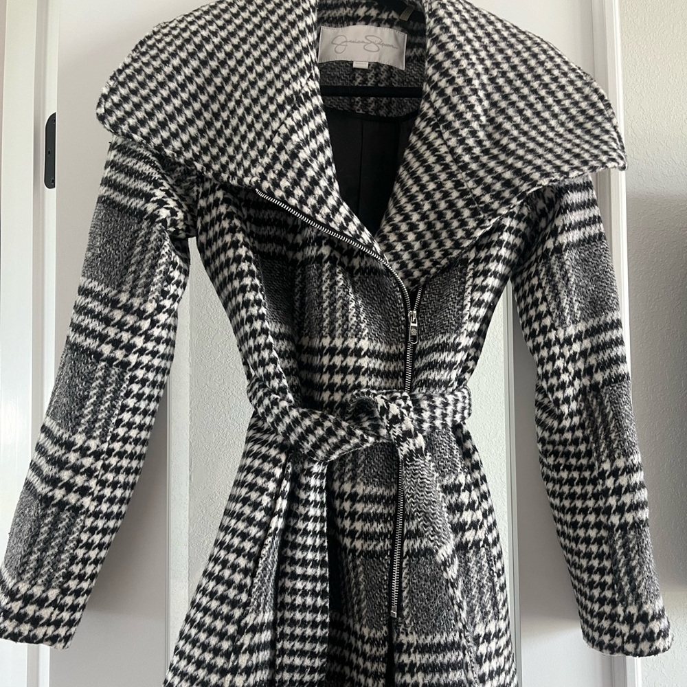 Black and white plaid printed wool winter pea Coat with belt .